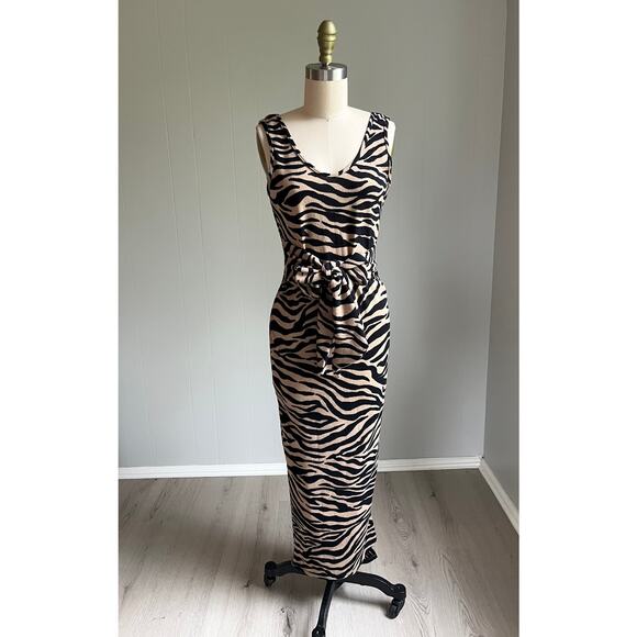 Vintage Y2K Zebra Print Knit Bodycon Maxi Dress Tag Large Fits Small Mob Wife - Picture 1 of 15